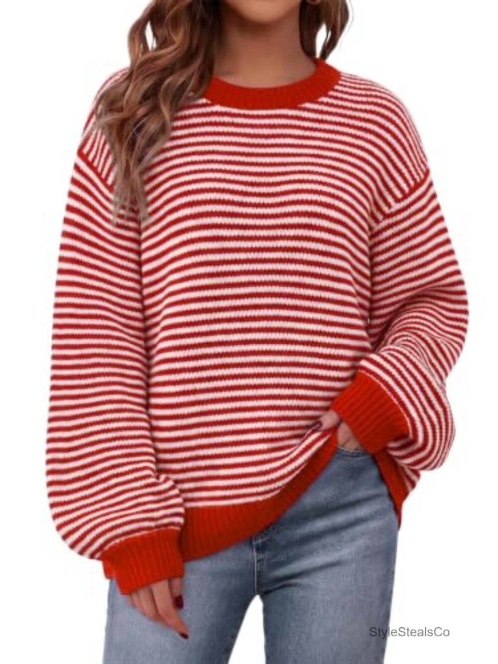 Oversized Striped Knit Sweater Crewneck Pullover Top